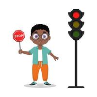 Child with stop sign. The traffic light shows a red signal vector