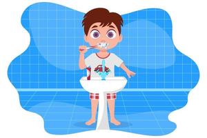 niño en pijama rojo cepillándose los dientes, en el baño vector