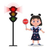 Child with stop sign. The traffic light shows a red signal vector