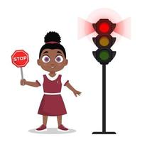 Child with stop sign. The traffic light shows a red signal vector