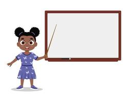The child stands with a pointer near the blackboard vector