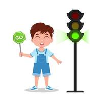 The child is holding a sign go. The traffic light shows a green signal vector