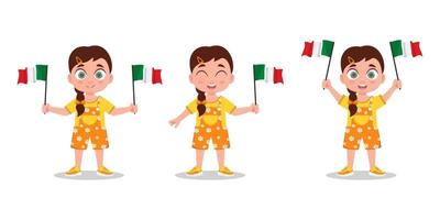 niña sosteniendo la bandera de Italia en la mano vector