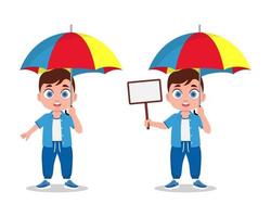 A boy with an umbrella, a sign in his hand vector