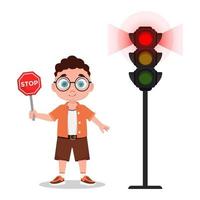 Child with stop sign. The traffic light shows a red signal vector