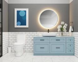 Mid-century bathroom with modern wash basin and flush toilet, light blue cabinet and picture frame, white tile wall and marble tile floor. 3d rendering photo