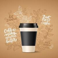 Paper Coffee Cup with Coffee Tree Branch Doodle and Quotes vector