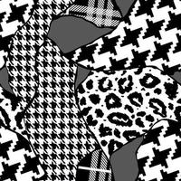 piel de animal de collage de mosaico moderno negro y blanco mezclada con patrón geométrico, tartán y adorno de borde en un diseño de vector transparente para moda, tela, papel pintado foto