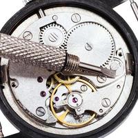 screwdriver on open repaired watch isolated photo