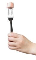 dinning fork with impaled piece of lard in hand photo