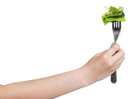 hand holds fork with impaled fresh green salad photo