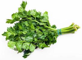 bunch of fresh cut green celery herb on white photo