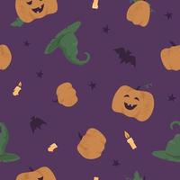 Seamless vector pattern with halloween pumkins, candles and witch hats