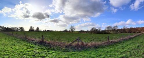 Beautiful high resolution panorama of a northern european country landscape with fields and green grass photo