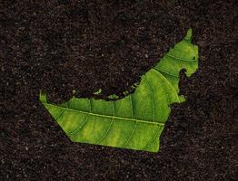 Dubai map made of green leaves on soil background ecology concept photo