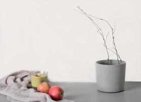 Aesthetic minimal hygge interior design concept. apples and cement flowerpot with tree branch on a grey background. copy space. photo