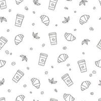 Doodle coffee seamless pattern with cups and croissants on white background. vector