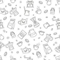 Doodle coffee seamless pattern with cups and pots on white background. vector