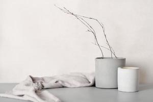 fall or winter home decor composition with tree branches in grey cement pot on a gray background. Fall mood still life, Nordic scandinavian minimal style photo