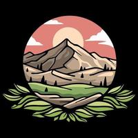 Modern icon in flat design conceptual natural landscape illustration. Environmentally friendly natural landscape Illustration of mountain, outdoor adventure. Vector graphics for t shirts and other