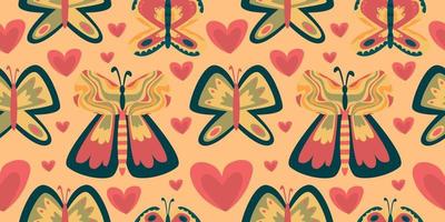 Retro butterfly groovy seamless pattern. Boho vector background. Hippie psychedelic seamless pattern. Retro groovy background. Design with daisy flower and heart