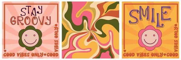 juego de afiches retro groovy, diseño hippy de los años 70. Afiche maravilloso moderno con flores y olas. Patrón psicodélico retro de los años 60 y 70. fondo floral vintage vector
