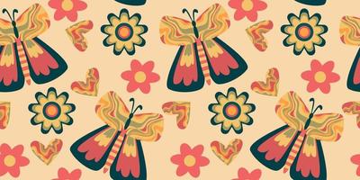 Retro butterfly groovy seamless pattern. Boho vector background. Hippie psychedelic seamless pattern. Retro groovy background. Design with daisy flower and heart