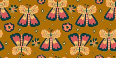 Retro butterfly groovy seamless pattern. Boho vector background. Hippie psychedelic seamless pattern. Retro groovy background. Design with daisy flower