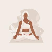 chica negra con el pelo blanco haciendo yoga en posición de loto. vector