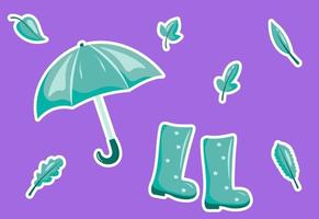 Cute rubber boots and umbrellas with leaves set on purple background. Flat design style and autumn accessory concept fashion sign vector illustration.