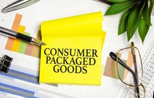 CPG - Consumer Packaged Goods text on the yellow paper with pen and glasses photo
