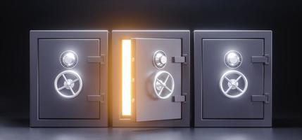 Three metal strongboxes with bright light glowing through half opened door. 3d render photo