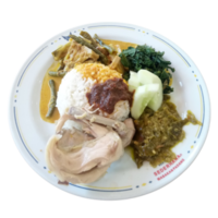 a plate of nasi padang. rice with chicken curry and some vegetables. indonesian food on a plate png