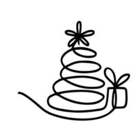 Vector Illustration of a Christmas tree with a star, a gift in the doodling style with one line on a white isolated background. Stylized minimalistic image of a festive tree