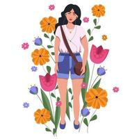 una chica con auriculares escucha música, las flores crecen alrededor... el concepto de amor propio, armonía. ilustración vectorial vector