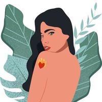 The girl looks over her shoulder. The concept of self-love, harmony. Vector illustration