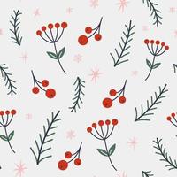 Vector seamless pattern with Christmas tree branches, winter berries and snowflakes