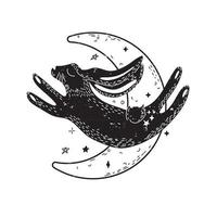 Magic rabbit and moon in Scandinavian style. Minimalist mystic hare. Black and white. vector