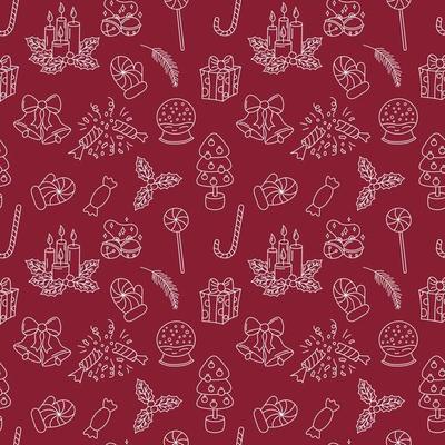 Christmas doodles pattern. Vector seamless background with outline hand drawn Christmas holiday elements. Xmas design objects. Doodle repeat illustration