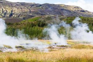 view of Haukadalur geyser valley in autumn photo