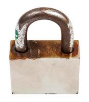 above view closed steel old padlock isolated photo