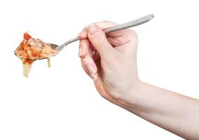 hand holds spoon with cabbage soup isolated photo
