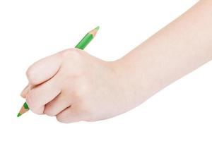 hand writes by green pencil isolated on white photo