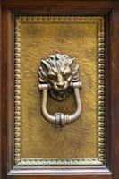 lion head knocker on brass panel of wooden door photo