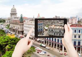 tourist taking photo of center Havana city