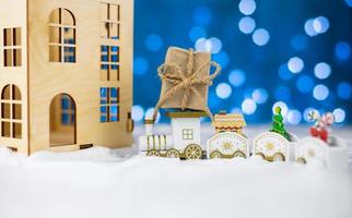 Home delivery concept. Delivery of gifts in winter for Christmas and New Year. Sales, shopping. photo