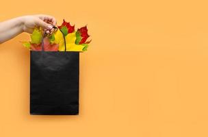 Autumn leaves in a bag on an orange background. Seasonal composition for layouts, template with place for text. Concept - Autumn Sale, Shopping Trip.