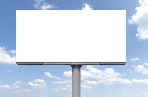 Outdoor pole billboard with mock up white screen on blue sky background with clipping path photo