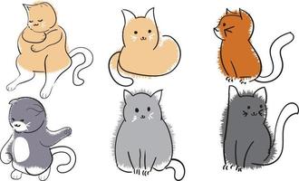 Cute and funny cats doodle vector set. Cartoon cat or kitten characters design collection with flat color in different poses. Set of purebred pet animals isolated on white background.