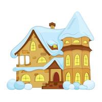 Snow-covered suburban two-story house. Winter castle with tower and porch. Vector illustration in cartoon flat style.